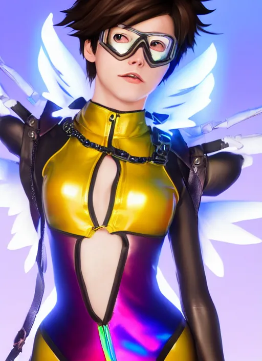 Image similar to portrait bust digital artwork of tracer overwatch, wearing iridescent rainbow latex and leather straps catsuit outfit, 4 k, expressive happy face, makeup, in style of mark arian, angel wings, wearing detailed leather collar, chains, black leather harness, detailed face and eyes,
