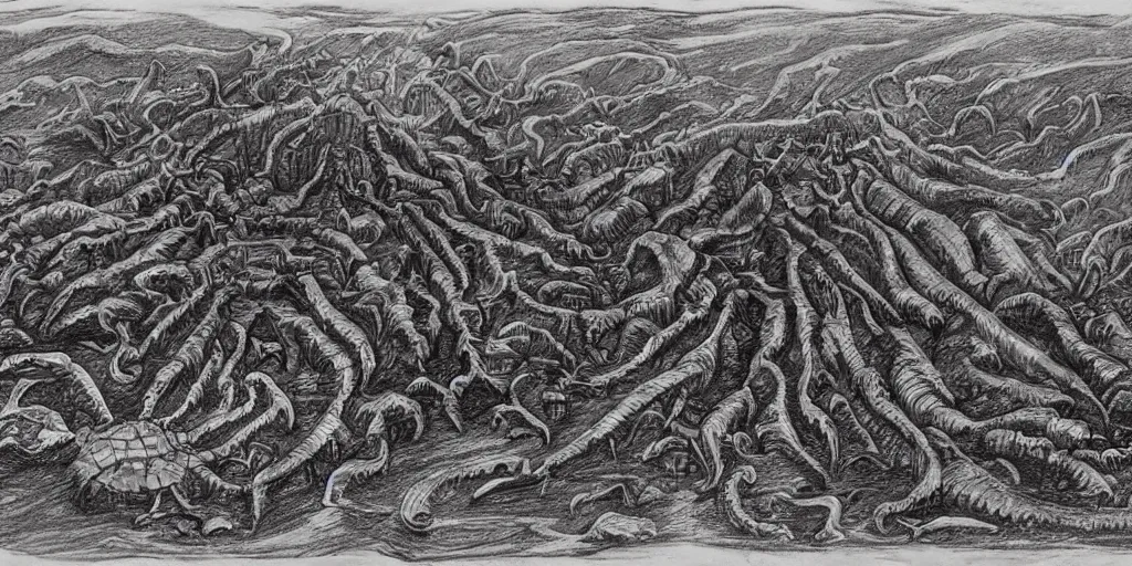 Image similar to a High quality landscape drawing of a plane of hell for eldritch beasts