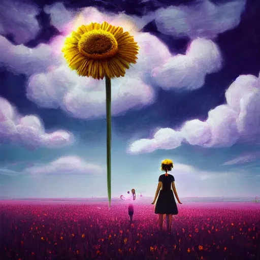 Image similar to giant daisy flower as a head, girl walking in flower field, surreal photography, moon light, dark night, dramatic, impressionist painting, clouds, digital painting, artstation, simon stalenhag