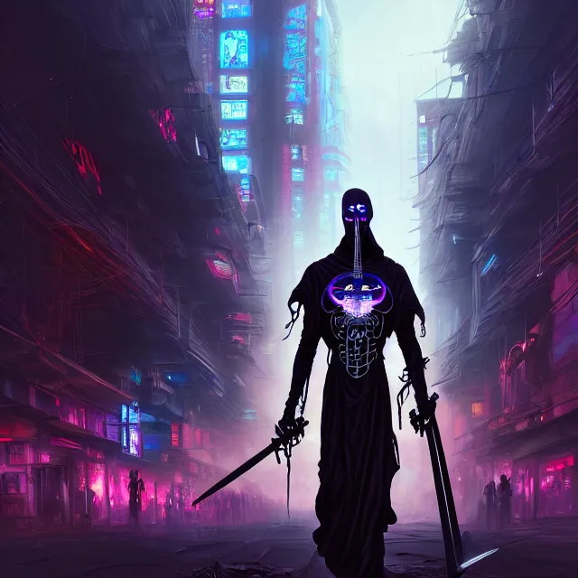 Prompt: Beautiful portrait 3d render of the cyberpunk grim reaper with a giant scythe, centered face, portrait, atmospheric lighting, painted, intricate, volumetric lighting, beautiful, rich deep colours masterpiece, sharp focus, ultra detailed, in the style of Dan Mumford and marc simonetti, with a crowded futuristic cyberpunk city in the background, astrophotgraphy