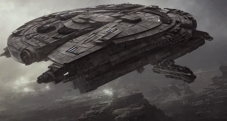 Image similar to a highly detailed epic cinematic concept art CG render digital painting artwork: very simple symmetrical Soviet dieselpunk Millenium Falcon in empty darkness of space. By Greg Rutkowski, Ilya Kuvshinov, WLOP, Stanley Artgerm Lau, Ruan Jia and Fenghua Zhong, trending on ArtStation, subtle muted cinematic colors, made in Maya, Blender and Photoshop, octane render, excellent composition, cinematic atmosphere, dynamic dramatic cinematic lighting, precise correct anatomy, aesthetic, very inspirational, arthouse