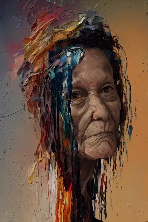 Image similar to palette knife oil painting portrait of ariadne, a mysterious spiritual guide who is a chain smoking old lady in an ashen trench coat. extreme detail, any racial background, artstation trending, artgerm, deviant art, octane, substance, art history 8 k