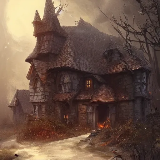 Image similar to a witch's house, fantasy art, in the style of greg rutkowski, illustration, epic, fantasy, cinematic, intricate, hyper detailed, artstation, concept art, smooth, sharp focus, ray tracing