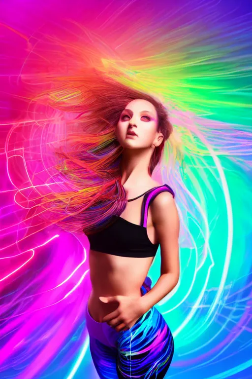 Image similar to a award winning half body portrait of a beautiful woman with stunning eyes in a croptop and leggings with reinbow colored ombre hairstyle head in motion and hair flying while dancing by thomas danthony, surrounded by whirling illuminated lines, outrun, vaporware, shaded flat illustration, digital art, trending on artstation, highly detailed, fine detail, intricate