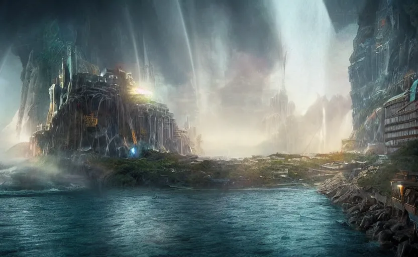 Prompt: a beautiful photo of a metropolis built on a island floating above the sea in the sky, waterfalls fall from the island into the sea, realistic, video game concept art, scifi, highly detailed, photography, ue 5, imax quality, cinematic, epic lighting, in the style of doom and quake and greg rutkowski