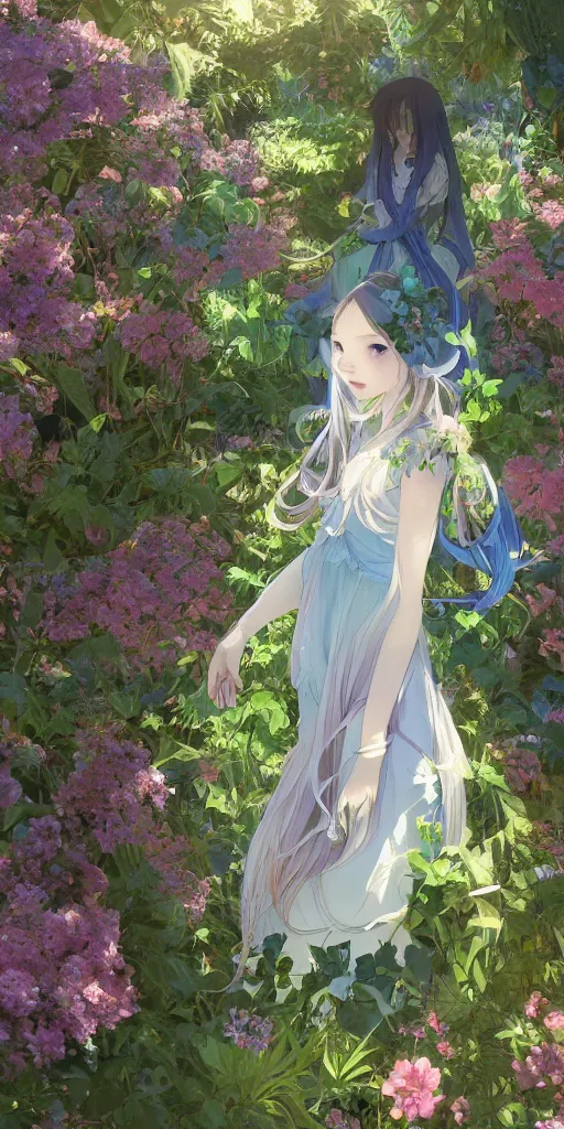 Image similar to a digital art of a loli with long hair in a dress in the privet garden at after noon, green and warm theme, mediumslateblue flowers, low angle, back lighting, by krenz cushart and mucha and akihito yoshida and greg rutkowski, highly detailed, 4 k resolution, trending on art station