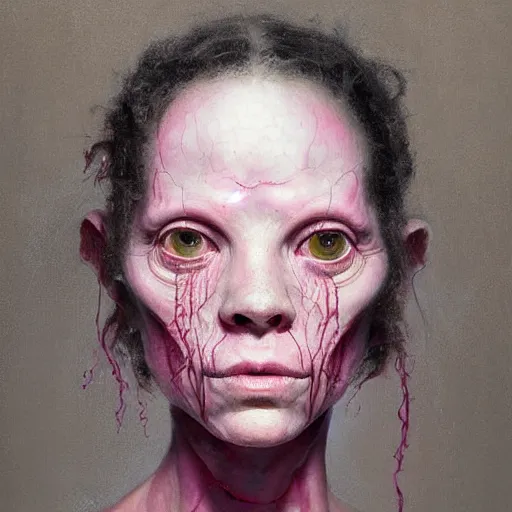 Prompt: a beautiful professional three quarter portrait face portrait of a white and sticky pink strange creature from the thing movie and alien movie, hight detailed painting by dani diamond, greg rutkowski and ilya repin, peter mohrbacher, joseph christian leyendecker, nice studio lighting, smooth tiny details, soft and clear shadows, low contrast, fashion photograhy, perfect