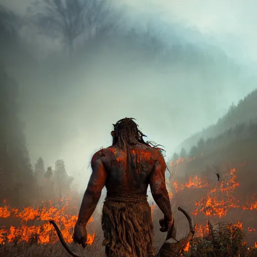 Prompt: a dirty orc warrior is running forward ,the glimmering orange dawn,godrays from the right, wet puddles on street, forest fires in the distance, masterpiece 4k, intricate details, realistic, panoramic view, Hyperdetailed, 8k resolution, photorealistic, film grain