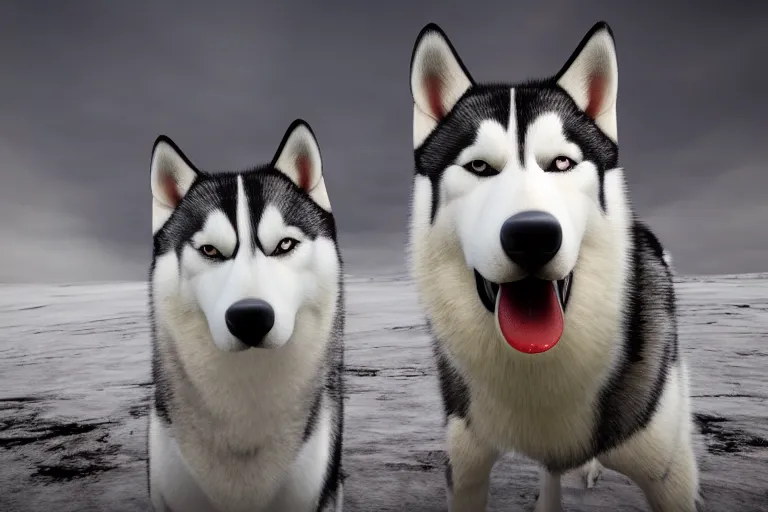 Prompt: a scenic photograph of a redeyed and very scary! husky with red!!! eyes, drooling, looking away from the camera. the whole husky is visible in frame. anatomically correct husky. polar setting, wasteland background, ominous sky. octane render, extreme detail, super symmetrical photograph, 8 k