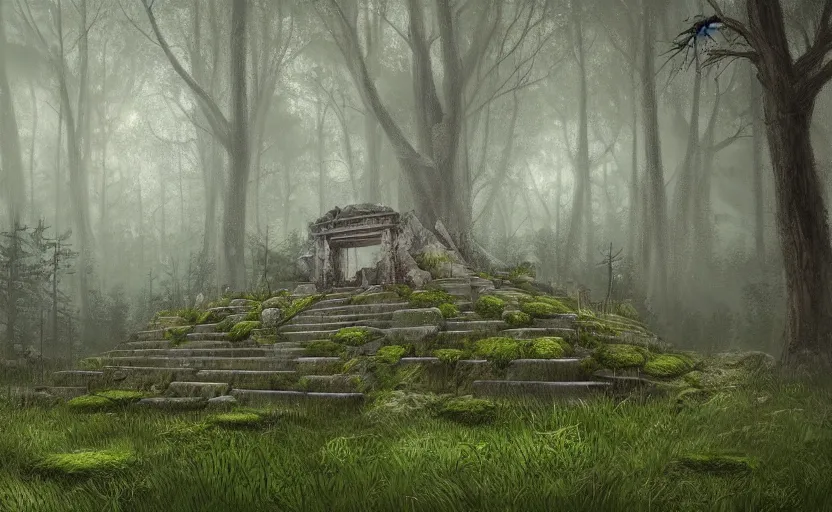 Prompt: mausoleum ruins, covered grass, fir forest, rain, fog, highly detailed, digital painting, architecture, artstation, concept art, sharp focus, illustration, artgerm, rutkoswki