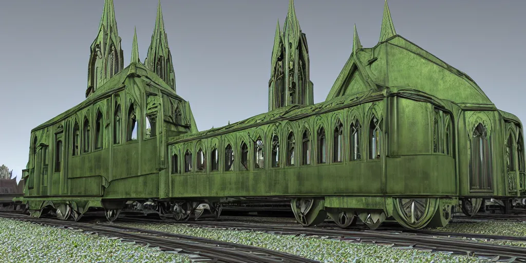 Image similar to streamline train that looks like gothic cathedral church, warhammer emperium style, gothic locomotive, conic locomotive shaped, arrow locomotive shape, armored streamline train,gothic shape patterns locomotive, train with gothic rose windows and arcades elements , hybrid between gothic and streamline style, gothic steel pattern train wheels, art Deco, retro, locomotive streamline lantern light green, octane render, diselpunk, steampunk