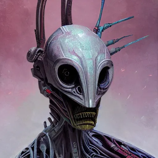 Prompt: colored oil portrait of a stylish surreal greeble insectoid by HR Giger and Greg Rutkowski