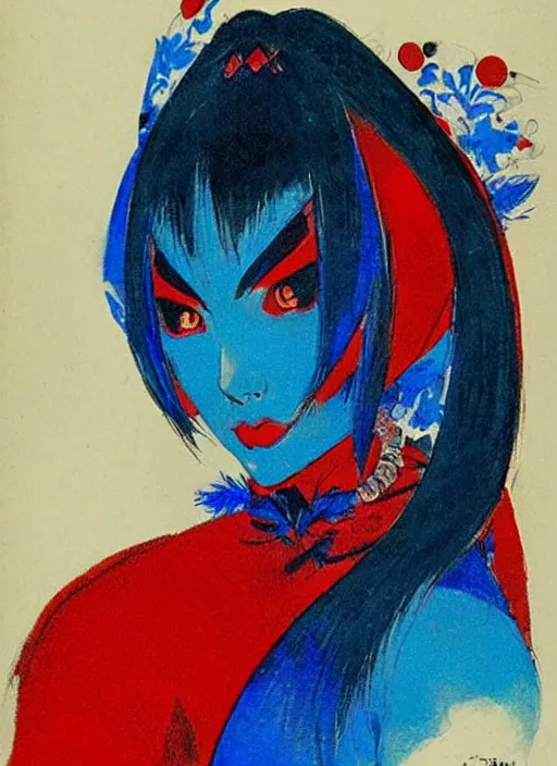 Image similar to portrait of mighty korean vampiress, jeweled veil, blue and red, strong line, saturated color, beautiful! coherent! by frank frazetta, high contrast, minimalism