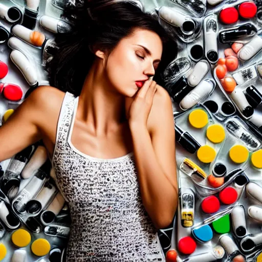 Image similar to a beautiful female model surrounded by pills and alcohol bottles