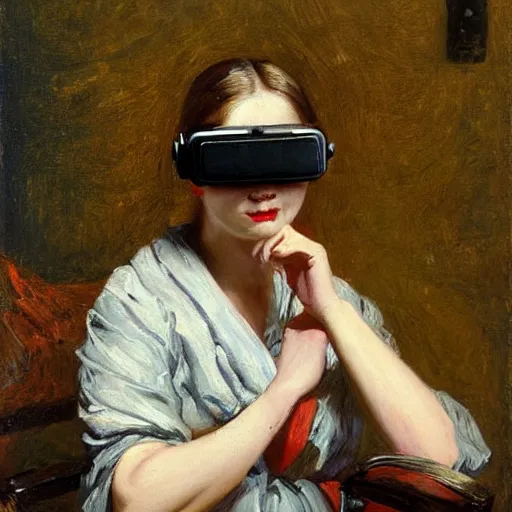 Image similar to a painting of a woman wearing vr goggles by repin.