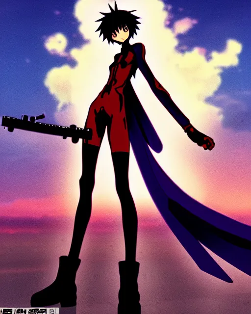 Prompt: anime illustration of black evangelion eva - 0 1 standing on an empty highway holding a steampunk guitar at dawn, cinematic lighting, evangelion anime poster, rebuild of evangelion 1 0 8 0 p, 9 0 s anime aesthetic, volumetric lights, rule of thirds, unreal engine render, pinterest wallpaper, trending on artstation