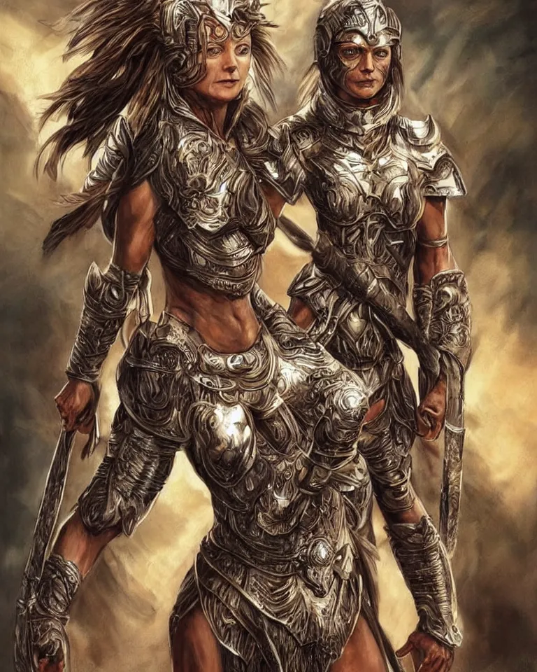 Prompt: a young jodie foster as an amazon warrior, tall and beautiful with brown skin and long hair, dressed in hellenistic body armor, intricate, elegant, highly detailed, smooth, sharp focus, detailed face, art by ardian syaf