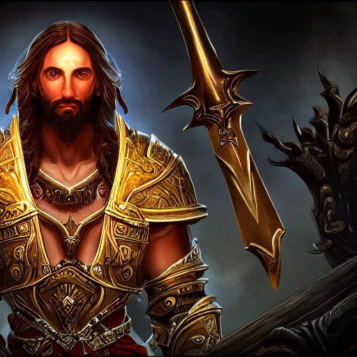 Image similar to a videogame still of Jesus in Diablo III, portrait, 40mm lens, shallow depth of field, close up, split lighting, cinematic