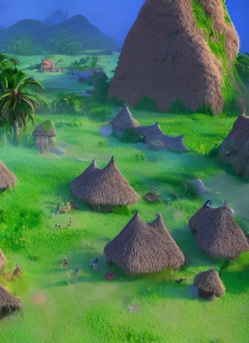 Prompt: subsurface scattering, medieval village in the middle of lush forest, in the style of moana, cinematic lighting, 8 k