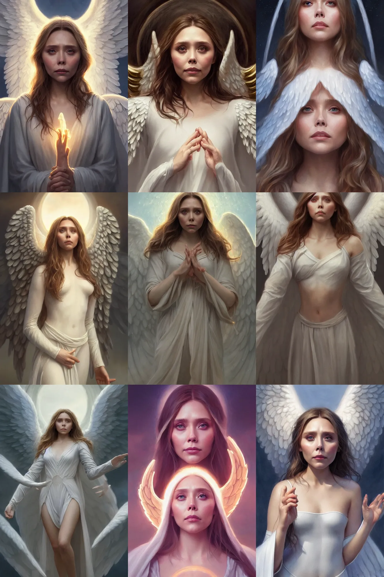 Prompt: elizabeth olsen as a heavenly angel, anatomy, only two hands, highly detailed, digital painting, artstation, concept art, smooth, sharp focus, illustration, unreal engine 5, 8 k, art by art by artgerm and greg rutkowski and edgar maxence