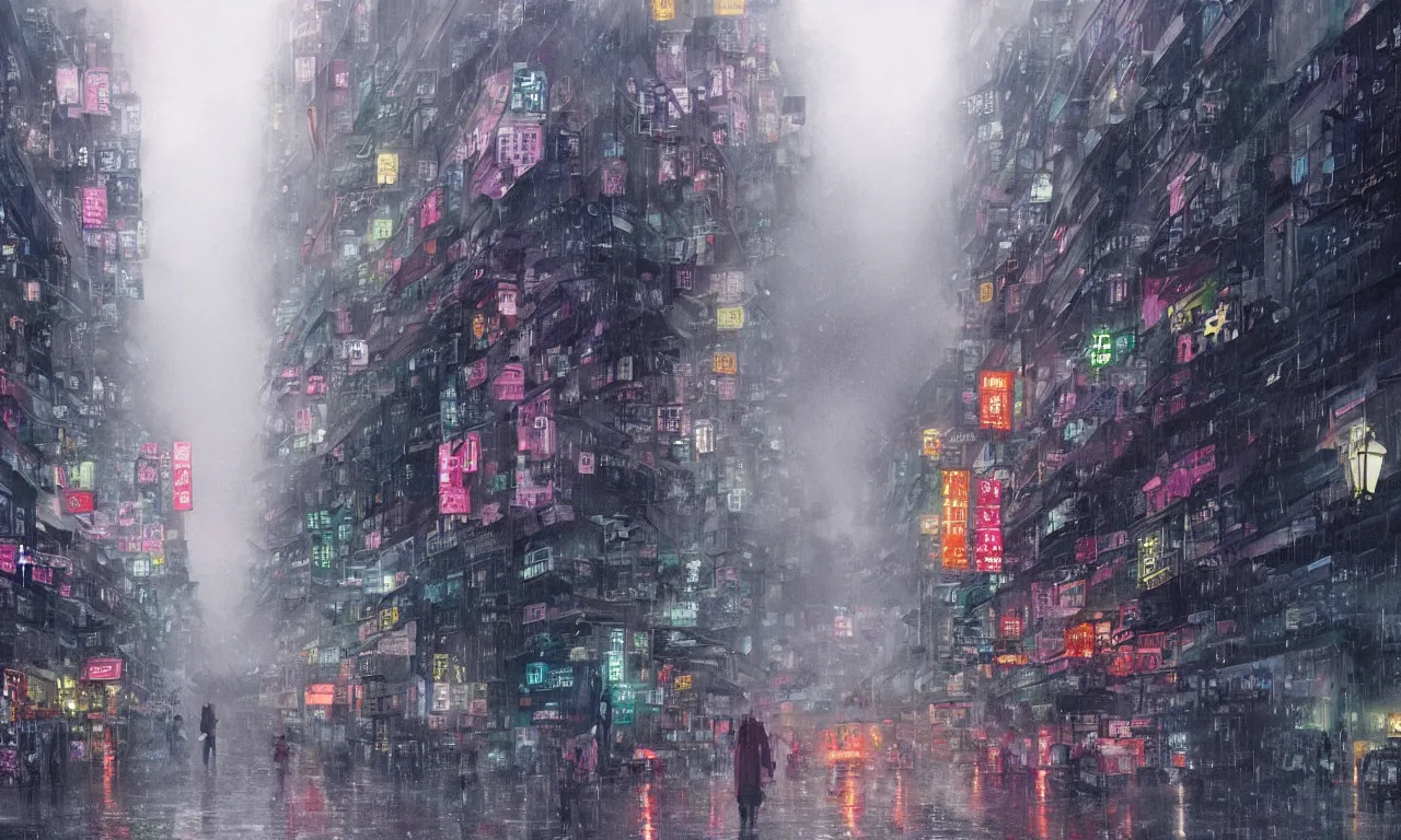 Prompt: beautiful illustration of a hong kong street in the rain and fog, trending on pixiv, artstation