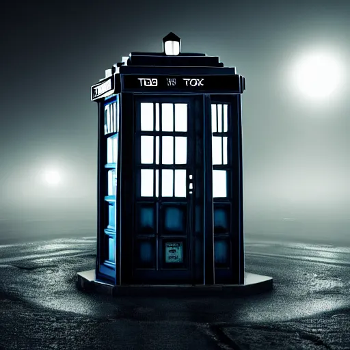 Image similar to a hyperdetailed photograph of the tardis sat on a futuristic street corner, night, dense fog, rain, hd, 8 k resolution