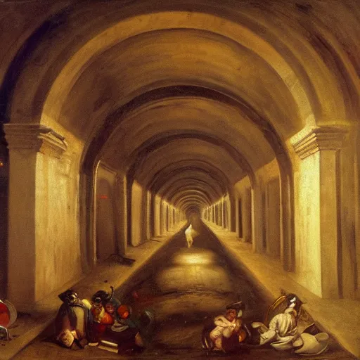 Image similar to underground tunnels inhabited by chubby white businessmen, mechanical computers, lights and switches, portal to the dreamworld, baroque oil painting