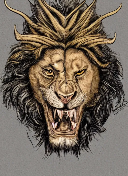 Image similar to a mighty strong creature with the body and eyes of a man, with the beak of an eagle, the mane of a lion, and the horns of an ox. drawn by boris valejo