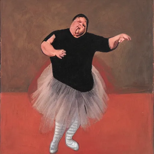 Image similar to portrait of a morbidly obese man in a ballerina tutu dancing in a ballet