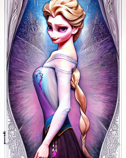 Prompt: ' princess elsa, insanity, demented, morbid, surreal ', beautiful shadowing, 3 d shadowing, reflective surfaces, illustrated completely, 8 k beautifully detailed pencil illustration, extremely hyper - detailed pencil illustration, intricate, epic composition, masterpiece, bold conflicting colors. stunning masterfully illustrated by artgerm, range murata, alphonse mucha, katsuhiro otomo.