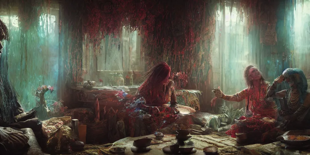 Prompt: grandma, ayahuasca ceremony, indoor organic shaman studio, red vines, serenity, spectral feel, octane render, photoreal, gaston bussiere, greg rutkowski, yoji shinkawa, yoshitaka amano, tsutomu nihei