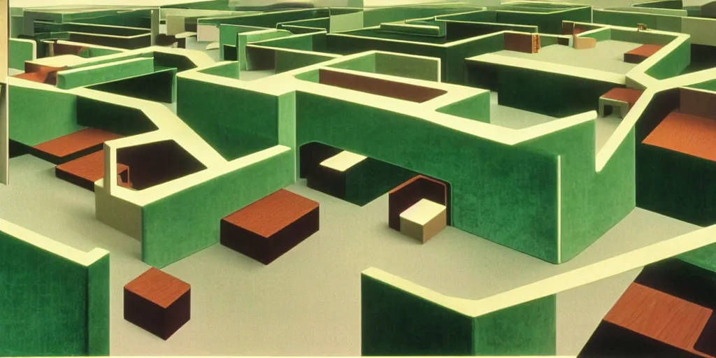 Image similar to huge sprawling gargantuan angular dimension of infinite indoor landscape 7 0 s green velvet and wood with metal office furniture. surrealism, mallsoft, vaporwave. muted colours, 7 0 s office furniture catalogue, shot from above, endless, neverending epic scale by escher and ricardo bofill, salvador dali landscape