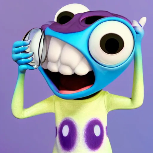 Image similar to cute 3 d pixar style alien with four eyes smiling, blue skin, lilac background, portrait, holding up a trophy, realistic, 4 k