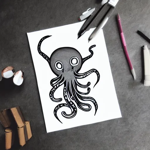 Prompt: a cute octupus drawing a picture using its tentacles