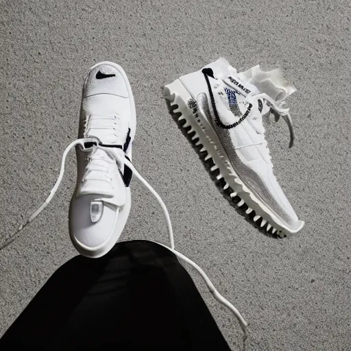 Image similar to a studio photoshoot of Nike Off-white running sneakers designed by Virgil Abloh, leather with knitted mesh material, gum rubber outsole, realistic, color film photography by Tlyer Mitchell, 35 mm, graflex