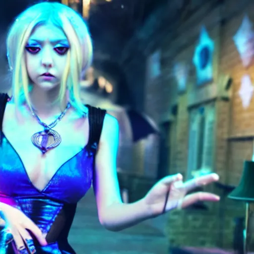 Image similar to cinematic scene with taylor momsen as jolyne from jojo's bizarre adventure, live action film, stone ocean, dramatic, small details, volumetric lighting, still frame