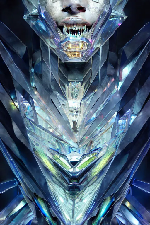 Image similar to dreamland of chinese, ghost, sharp, slender and densely arranged teeth, futuristic, expressive, dystopian, cyberpunk, mecha, halfturn portrait of a big crystal face made of crystals half - turn, ominous, intricate, studio, art by anthony macbain + greg rutkowski + alphonse mucha, concept art, 4 k, sharp focus