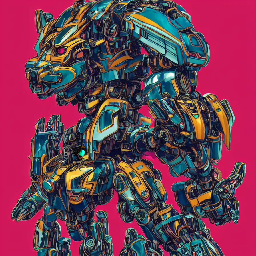 Image similar to a hypermaximalist overdetailed antropomorphic humanoid mecha or android with a hed of a lynx, tiger, or lion. lowbrow color palette. artwork by subjekt zero