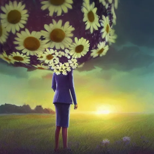 Prompt: huge daisy flower head, frontal, a girl in a suit, surreal photography, sunrise, dramatic light, impressionist painting, digital painting, artstation, simon stalenhag