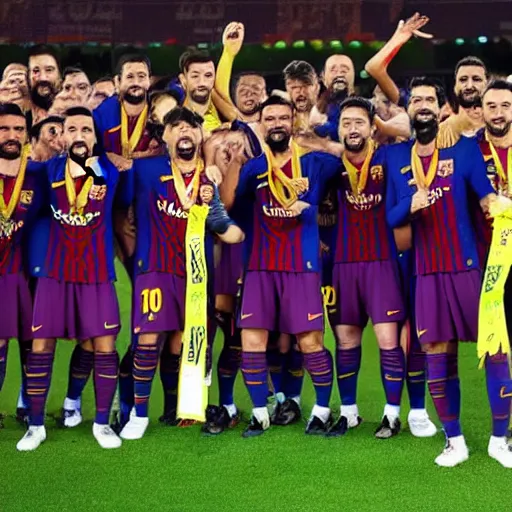 Image similar to fc barcelona team raising a lever as a trophy