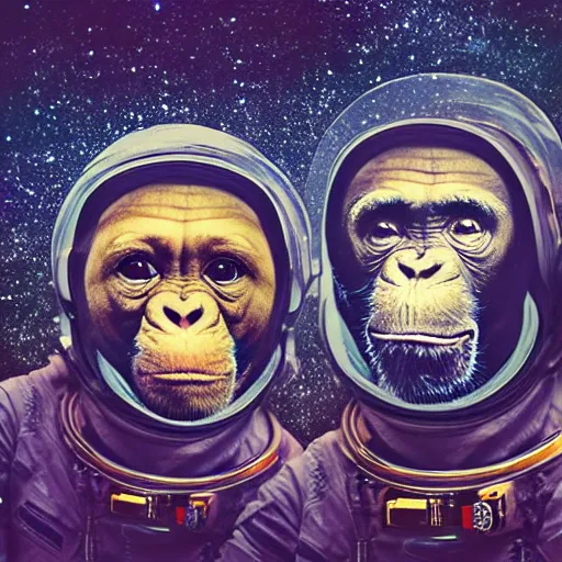 Image similar to double exposure portrait of astronaut and a chimpanzee astronaut with space and time in the the background by davinci, circles, psychedelic, pencil art, high definition, dynamic lighting stars, sharpness, golden ratio