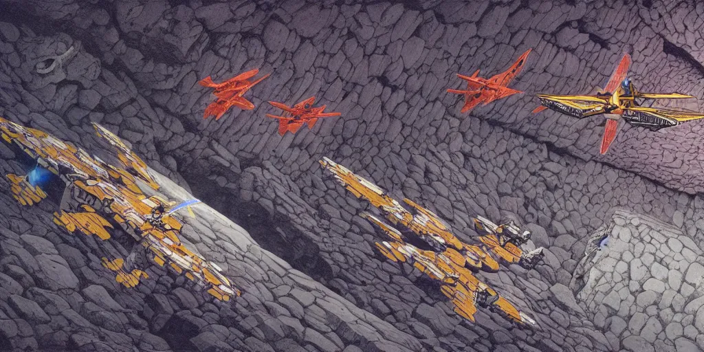 Image similar to ultra detailed space fighter drone flying through a mining cave, by Escher and Moebius and Mohrbacher