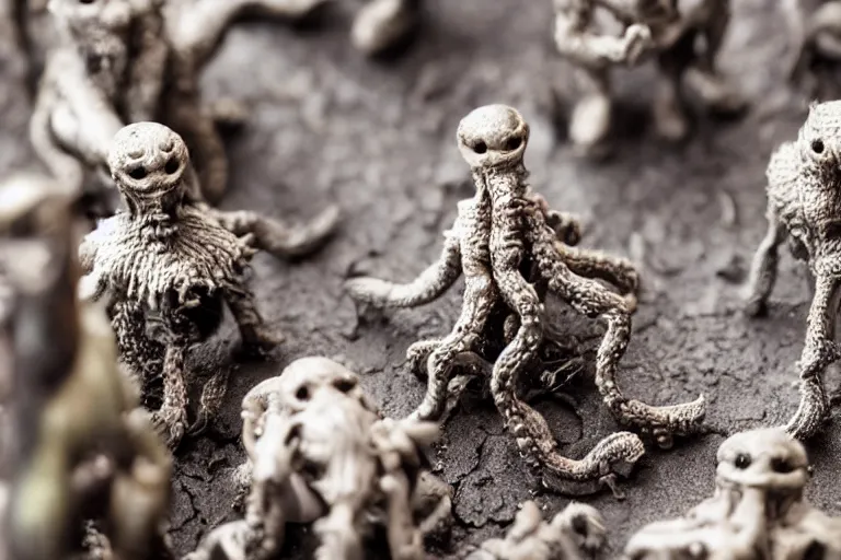 Image similar to miniature figurines of lovecraftian monsters, close up, detail, tilt shift, product photography