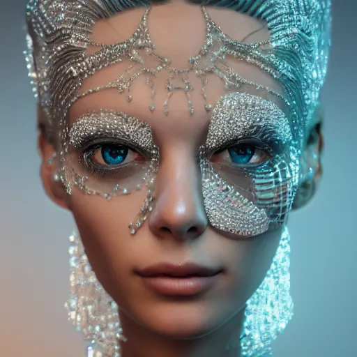 Image similar to full body detailed, ethereal, biomechanical, covered in diamonds and other gems glowing, highly detailed face, elegant posed, intricate, extremy detailed, beeple, cgsociety, 3 d unreal engine octane render. cinematic lighting, highly detailed 4 k art