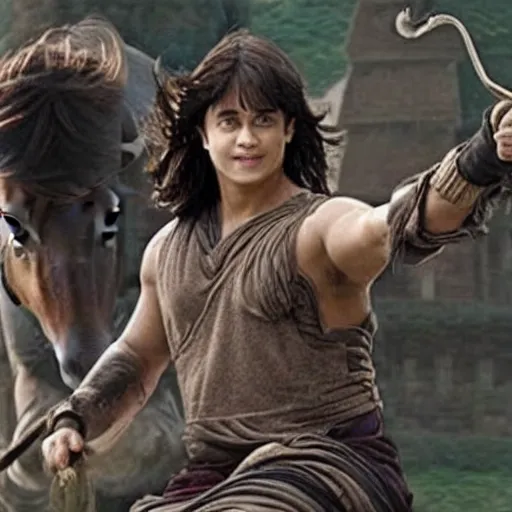 Image similar to harry potter in bahubali ~ on a horse ~