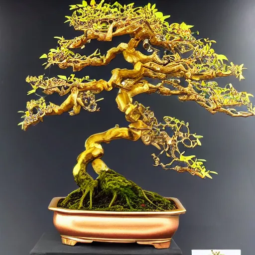 Image similar to aesthetic golden bonsai with raw gems as leaf and gothic ornaments, gems, rose gold, 8 k, details, studio lighting, realism, complex lights