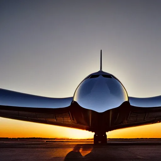 Image similar to an airplane designed by boeing and zaha hadid, dramatic lighting, sunrise, bokeh