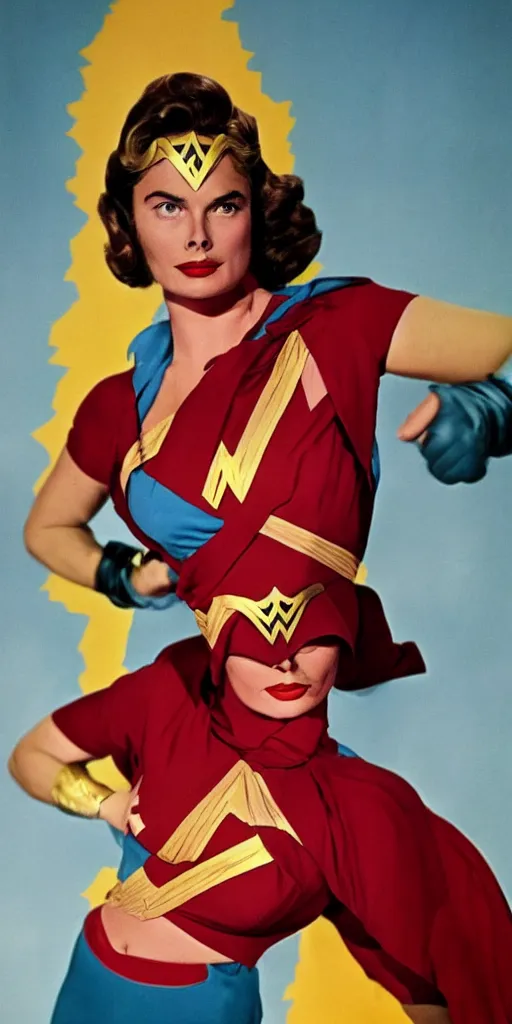 Image similar to ingrid bergman as wonder woman. colourful. 1 9 5 0 s. symmetrical. beautiful. powerful.