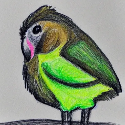 Prompt: sketch on paper of a kiwi bird drawn by an eight year old kid with crayons