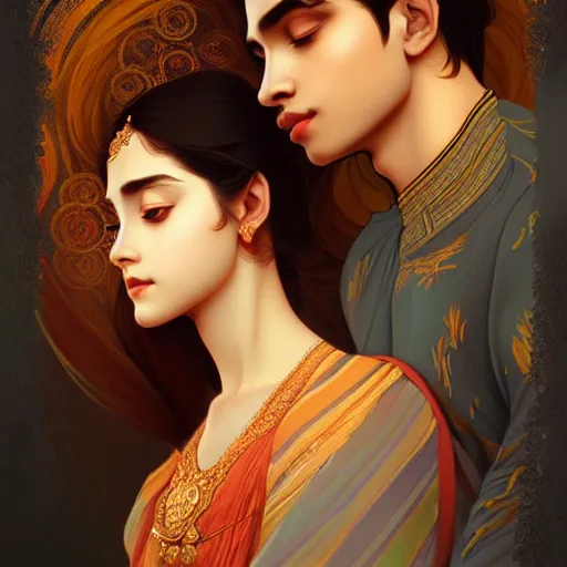 Image similar to portrait of beautiful young bengali romantic couple fantasy, intricate and very very beautiful and elegant, highly detailed, digital painting, artstation, concept art, smooth and sharp focus, illustration, art by tan zi and ayanamikodon and alphonse mucha and wlop